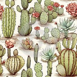 Drawn different cacti on a white background in vintage style.