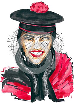 And-drawn fashion illustration of a smiling girl with read lipstick, , and black hat with red pompom and black veil