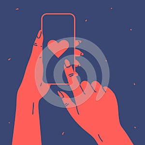 Drawn female hands holding phone with heart image