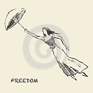 Drawn girl balloons freedom concept Vector