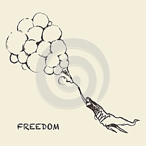 Drawn girl balloons freedom concept Vector sketch