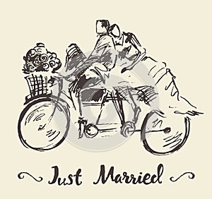 Drawn happy bride groom bicycle vector sketch