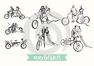 Drawn happy bride groom bicycle vector sketch