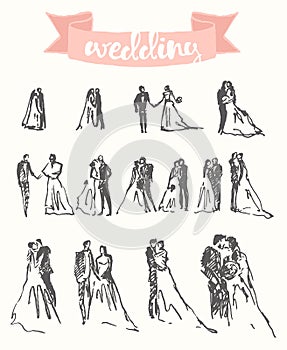 Drawn happy bride groom vector illustration sketch