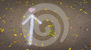 A drawn heart in the street with an arrow to it and scattered autumn leaves.