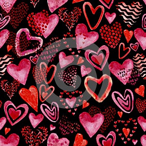 Drawn hearts on black pattern photo