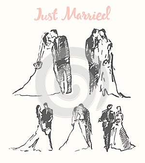 Drawn illustration happy bride groom vector sketch