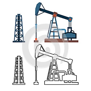 Drawn Industrial Equipment Oil Pump Rig Set Vector