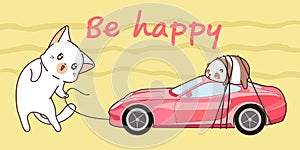 Drawn kawaii cat is hauling a pink sport car