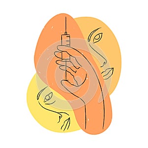 drawn linear image with hand holding syringe