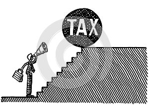 Drawn Man Foreseeing TAX Burden Atop Stairs