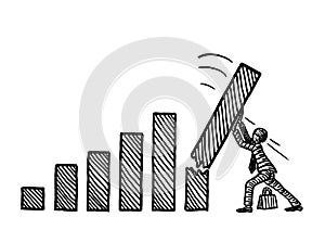 Drawn Man Propping Up Falling Bar In Growth Chart