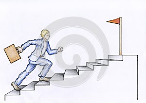 Drawn Man Running Up Steps Towards A Flagstick
