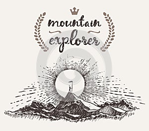 Drawn man top mountain winner concept explorer