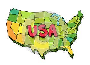 Drawn map of USA. United States of America. Vector colour hand-drawn sketch.