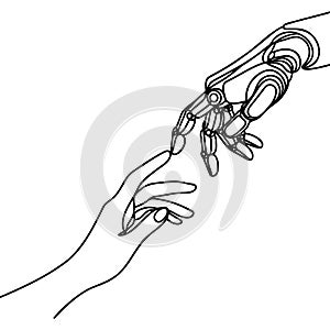 drawn by one continuous line of human and robot hands touching, fusion of artificial intelligence and humanity
