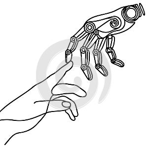 drawn by one continuous line of human and robot hands touching, fusion of artificial intelligence and humanity