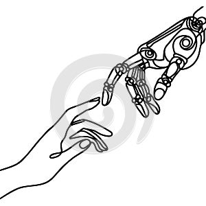 drawn by one continuous line of human and robot hands touching, fusion of artificial intelligence and humanity