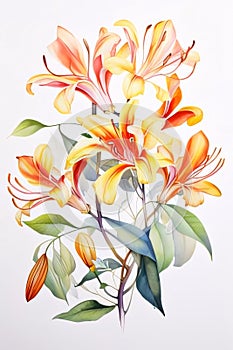 Drawn, painted orange flower bouquet on isolated white background. Flowering flowers, a symbol of spring, new life