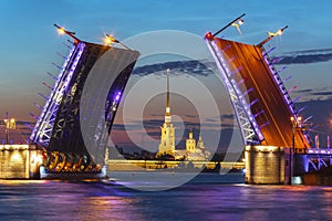 Drawn Palace Bridge and Peter and Paul Fortress at white night, Saint Petersburg, Russia