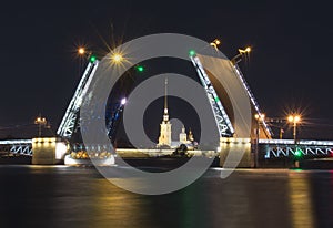 Drawn Palace Bridge and Peter and Paul Fortress at white night, Saint Petersburg, Russia