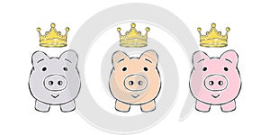 Drawn pigs. Piggy banks. Three little pigs with crowns. Vector illustration