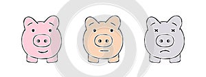 Drawn pigs. Piggy banks. Three little pigs with different emotions. Vector illustration