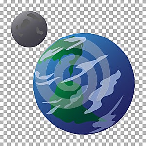 Drawn planet Earth and moon isolated on a transparent background.