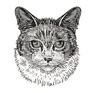 Drawn portrait of cute cat. Animal, kitty, pet sketch. Vintage vector illustration