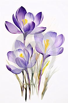 Drawn, purple crocus flower on isolated white background. Flowering flowers, a symbol of spring, new life