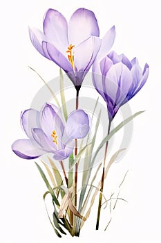 Drawn, purple crocus flower on isolated white background. Flowering flowers, a symbol of spring, new life