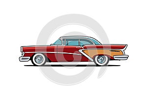 Drawn red retro car isolated on white background.