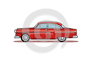 Drawn red retro car isolated on white background.