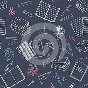 Drawn school items and office stationary on Ð° blackboard background. Seamless pattern