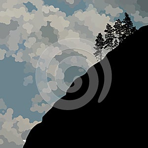 Drawn silhouette of a steep mountainside with single trees against the sky