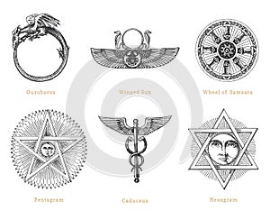 Drawn sketches of mystical symbols. Set of vector illustrations. Vintage pastiche of esoteric and occult signs.