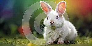 Drawn small white rabbit on green grass on rainbow background