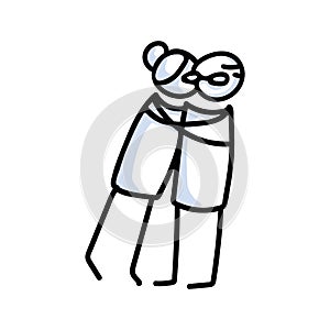 Drawn stick figure of senior woman hugging senior man. Elderly embrace together support illustrated vector sketchnote.