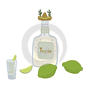 Drawn tequila bottle with sambrero hat, lime. photo