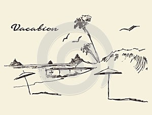 Drawn vacation poster seaside view beach sketch