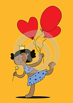 Drawn vector satisfied black girl with red hearts balloons stands on one leg. Postcard