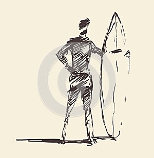 Drawn vector young man beach surfboard sketch