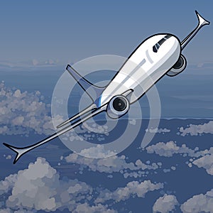 Drawn white plane flies above the clouds on a grayish blue background