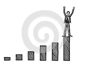 Drawn Winning Business Man Atop Growth Bar Chart