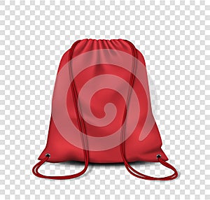 Drawstring bag, backpack or pouch mockup. Realistic red sport bag, blank canvas school knapsack