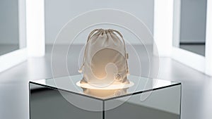 It is positioned centrally with the glass surface reflecting its image