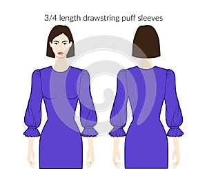 Drawstring puff sleeves 3-4 length clothes beautiful lady in violet top, shirt, dress technical fashion illustration