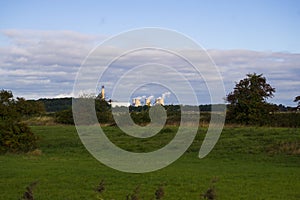 Drax power station viewed over fields