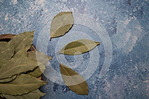 Dray Laurus nobilis Leafs in a wooden plate ,blue painted background