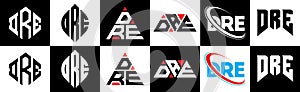 DRE letter logo design in six style. DRE polygon, circle, triangle, hexagon, flat and simple style with black and white color